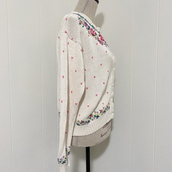 Vintage 80s/90s Cape Isle Knitters Floral Hand Embroidered Cardigan Size XS - Picture 8 of 10